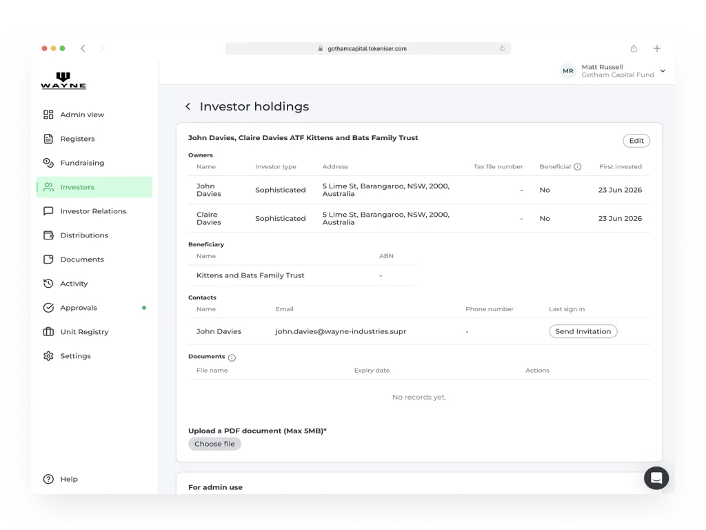 Tokeniser Investor holdings screen