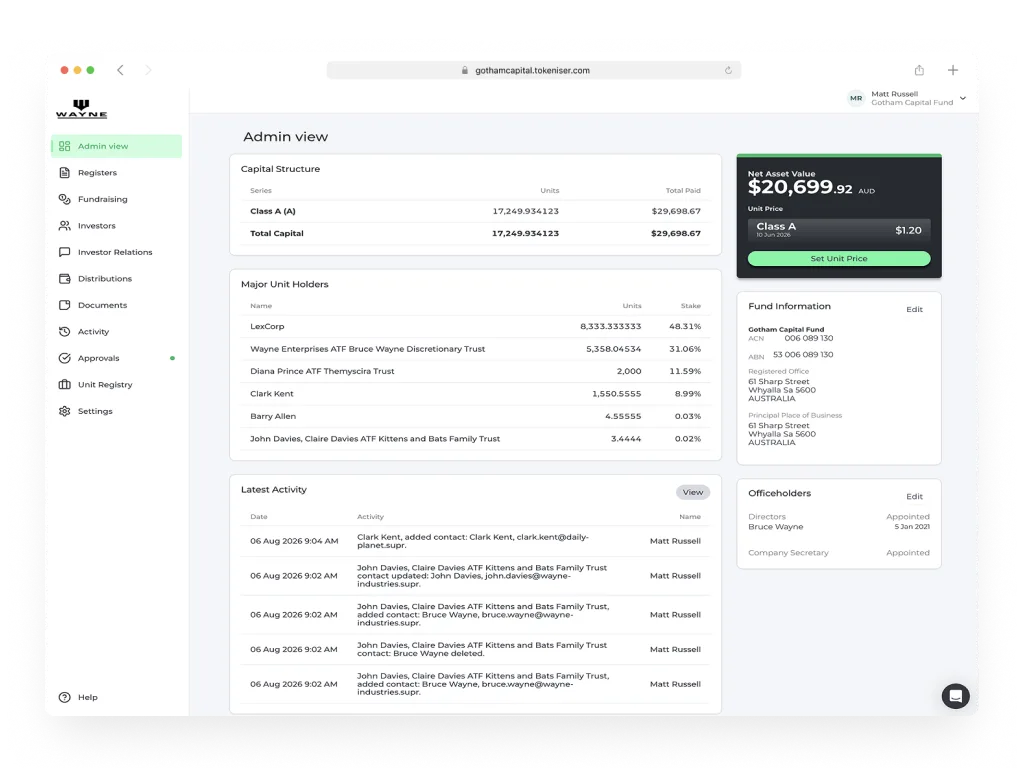 Tokeniser Admin view dashboard with capital structure, holders, and NAV