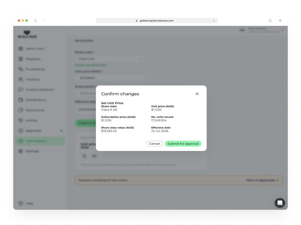 Tokeniser confirm changes modal