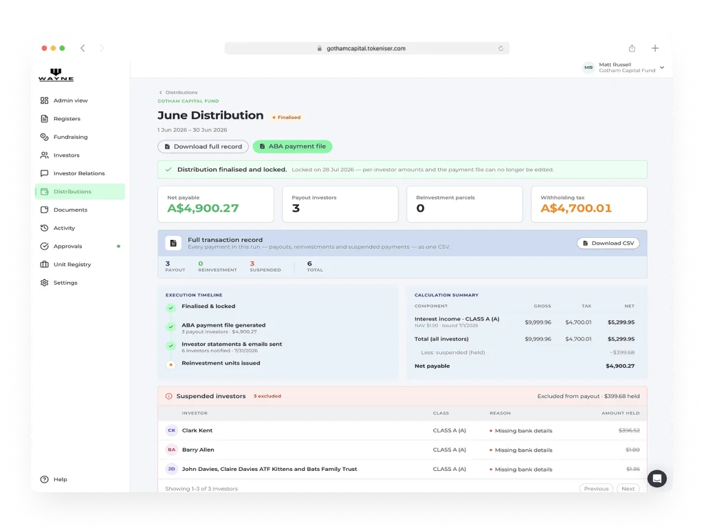 Tokeniser Distributions screen
