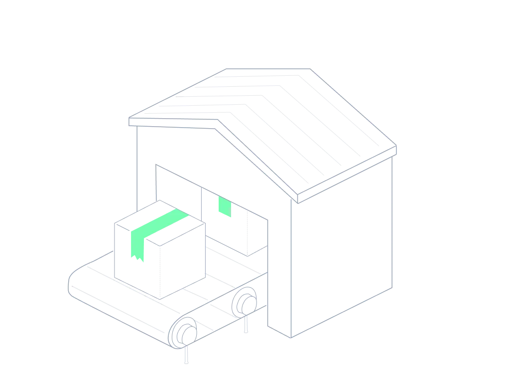 Illustration of tokenised assets moving from an issuer warehouse onto a distribution line